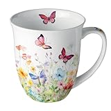 Illustration colorée de papillons et fleurs printanières Réalisé en porcelaine fine au toucher doux et raffiné Dimensions : hauteur 11 cm diamètre 10 cm contenance 0,4 L Parfait pour savourer thé, café ou infusion Joli cadeau pour les amoureux de la nature et des couleurs