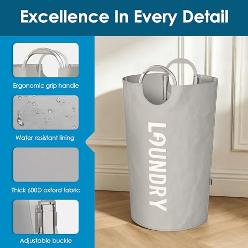 Image of 130L Laundry Basket with Tech Handle, 2in1 Dirty Clothes Hamper Light Grey | Hand & Shoulder Carry, Collapsible Foldable Bin, ABS Handle, 600D Oxford Fabric with Waterproof PE Coating for Dorm, Bathroom