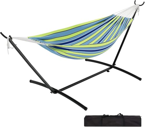 Hamaca doble resistente con estructura de acero – Plegable y portátil – Hasta 227 kg – Comodidad de poliéster algodón – Para jardín, terraza, camping e interior – Incluye bolsa de transporte – Rayas
