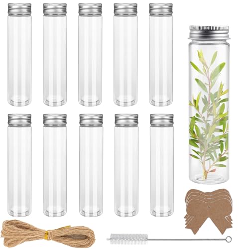 Ksnowqi 12Pcs Tubes à Essai en Plastique, 110ml Bouteille Sensorielle Bouchon, Eprouvette Plastique avec Étiquette et Brosse de Nettoyage pour Les Mariages, Liquide,...