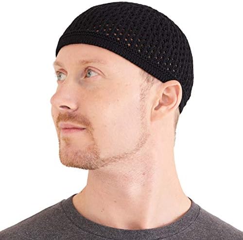 CHARM Casualbox | Mens Kufi Hat Cotton Skull Knit Cap Islam Prayer Hat Crochet Mesh Skully Beanie Black