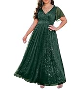 Talisea Plus Size Formal Dresses - V Neck Flutter Sleeve Glitter Prom Evening Gowns Wedding Guest...