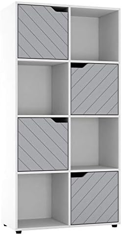 URBNLIVING White Wooden Cube Bookcase With Line Doors Display Shelf Storage Shelving Cupboard Modern (Grey Door, 4 Cube)