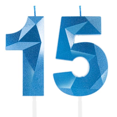 Velas de Cumpleaños 15 Años Azul Real, Decoraciones para Niños y Niñas, Royal Blue Número 15 3D para Tarta, Topper de Vela Azul Zafiro, Suministros para Fiestas, Bodas y Aniversarios