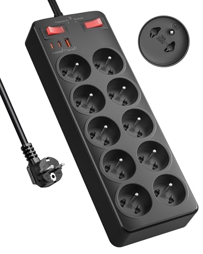Multiprise avec Interrupteur, 10 Prises Françaises avec Terre 16A 2P+T,Bloc Prise Multiple Charge Rapide PD20W, 2100J Parafoudre et Surtension,Cuisine et...