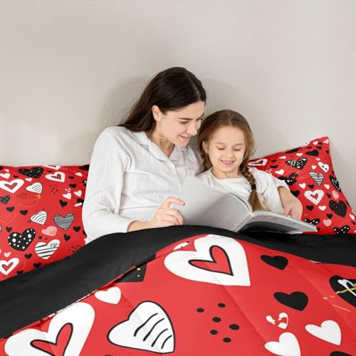 Image of Erosebridal Love Heart Full Comforter Set Red Heart Shaped Bedding Set for Kids Girls Romantic Valentine Theme Comforter Geometric Stripes Quilt