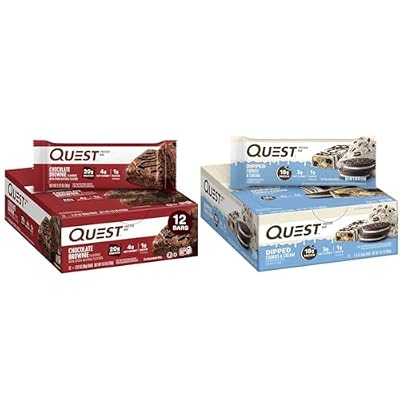 Quest Chocolate Brownie & Cookies & Cream Dipped Protein Bars Bundle, High Protein, Gluten Free, Keto Friendly, 12 Count