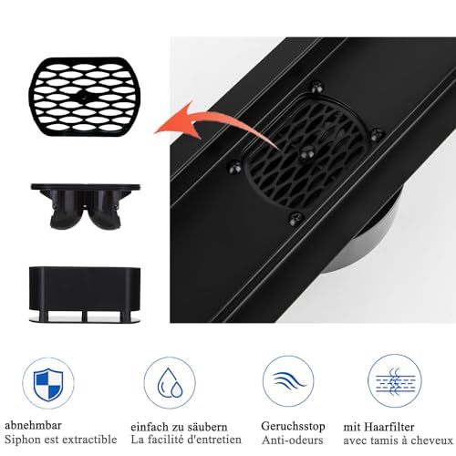 Kasloglow Duschrinne 80 cm Komplettset Schwarz, Edelstahl Ablaufrinne, Extra flache befliesbare Duschrinne mit Haarsieb, Geruchsstop und 360° Drehbar Siphon - Länge 30-120cm für bodenebene Duschen