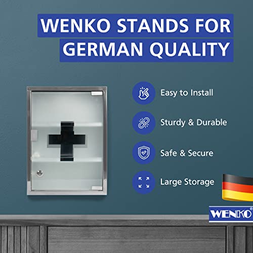 Wenko Medicine Cabinet With Lock, Wall Mounted Bathroom Storage, Hanging Medical Cabinet, First Aid Wall Cabinet With Safety Glass Door, Modern, Medium, 11.8 X 15.7 X 4.7 In, Silver Shiny #TOP5