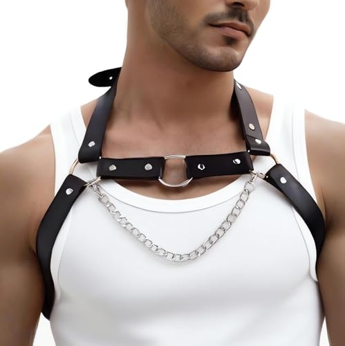 Men's Chest Harness with Chain, Body Harness Belt for Men, Adjustable PU Leather Men's Punk Chest Belt Shoulder Harness Muscle Show Fashion Costumes for Cosplay Party