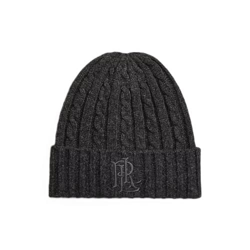 Image of Lauren Ralph Lauren Cable-Knit Wool Beanie Hat Dark Grey | Embroidered RL Logo, Ribbed Cuff, Woven Weft, Unisex, Winter