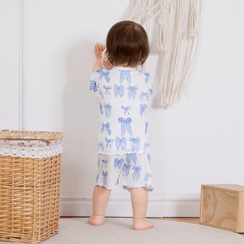 Baby Girl Summer Clothes Toddler Cute Bows Outfit Short Sleeve T-shirt Shirt Tops + Elastic Waist Shorts Set4