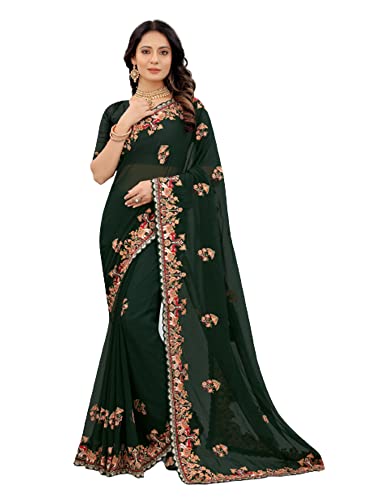 Sari georgette brodé resham et zari vert idéal pour briller lors d'un mariage musulman