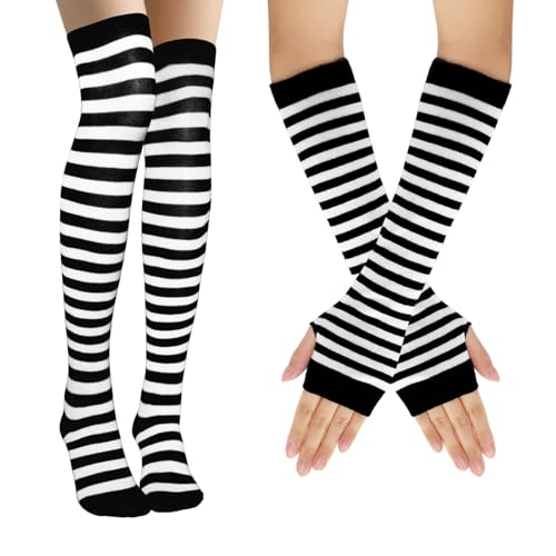 OuryTech Ringelsocken, Pippi Langstrumpf Kostüm Damen, Gestreifte Socken, Karneval Kostüm, Fasching, Kniehohe Strümpfe, Armbandwärmer, Fingerlose...