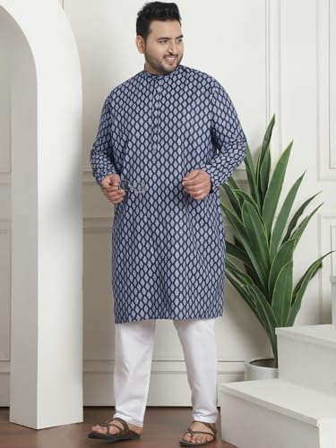 Image of SOJANYA Plus (Since 1958) Men's Cotton Blend Printed Kurta with White Churidar Pyjama