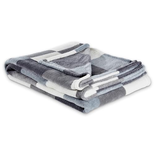 Como Kuscheldecke Grau-Weiß im Karo-Look Moderne Sofadecke, fein gestrickte Wohndecke, 100% Polyester, 240 GSM, gesäumte Einfassung 150 x 200 cm