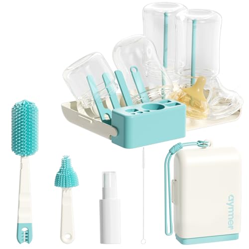 Image of Aynmer Baby Bottle Brush Cleaner Set - 10 In 1 Travel Bottle Cleaning Brush Kit with Silicone Bottle Brush, Nipple Brush, Soap Dispenser, Portable Drying Rack, Breast Pump & Bottle Cleaning Kit -Green