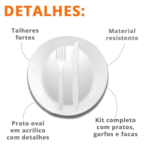 Kit Churrasco, Prafesta, Descartável, 10 Pratos, 10 Garfos e 10 Facas, Branco