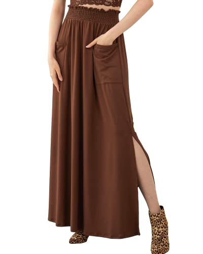 noflik Women's Elastic High Waisted Boho Long Maxi Skirts with Side Slits and Pockets