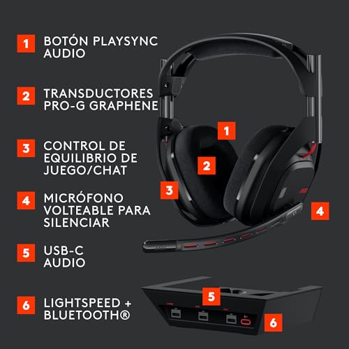 Logitech G Astro A50 Lightspeed Auriculares inalámbricos de Gaming + Base | (5.ª gen), PRO-G GRAPHENE, cambio entre 3 sistemas, USB-C, Xbox, PS5, PC, Nintendo Switch, Switch 2, Bluetooth – Negro 7