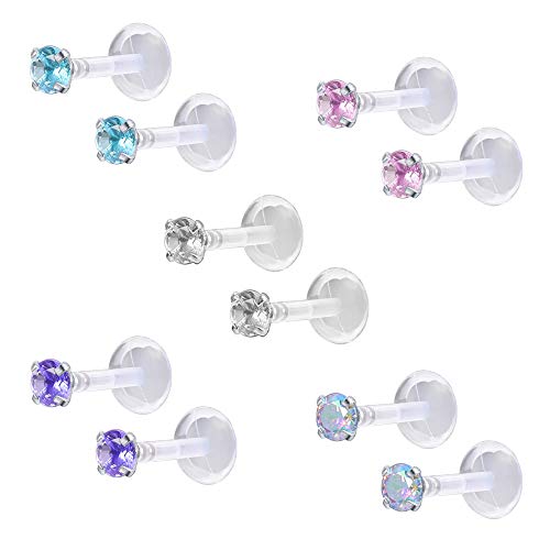 ZS 10-12Pcs 16G Clear Bioflex CZ Stone Labret Monroe Lip Ring Helix Tragus Cartilage Earrings Stud Piercing
