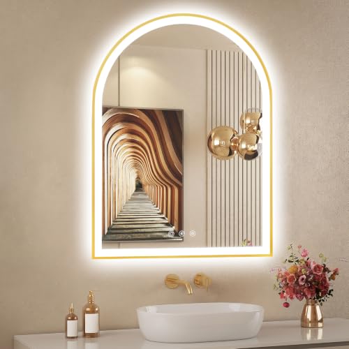 Image of 24 inchx32 inch Arched LED Lighted Bathroom Mirror with Lights | Gold Aluminum Frame, Fogless, Dimmable, Shatterproof, Touch Sensor, 3 Color Changing