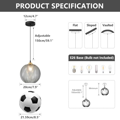 KCO Lighting Modern Smoke Gray Glass Pendant Light Kitchen Island Large Globe Farmhouse Pendant Lighting Adjustable Black Striped Glass Hanging Ceiling Lighting Fixtures Dining Room Lights by KCO - Image 2