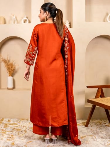 Image of VredeVogel Women's Silk Blend Embroidered Anarkali Kurta with Pant & Dupatta Set | Festive & Casual Women Ethnic Kurta Set for Women
