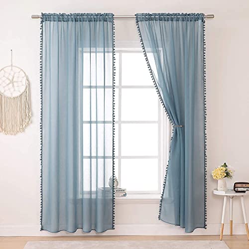 MIULEE Blue Net Curtain with Plush Ball, Decorative Curtain for Boys and Living Rooms (2 x L140 x H280 cm) - Image 2