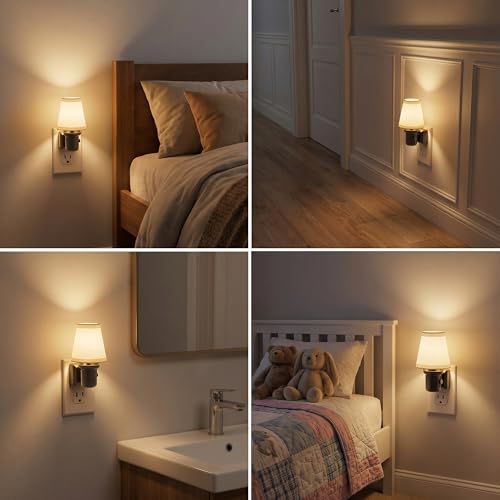 Image of JandCase LED Night Lights Plug into Wall, Linen Fabric Round Vintage Nightlight, Decorative Night Light with Dusk to Dawn Sensor, 0-100LM Dimmable, for Bedroom Living Room Hallway