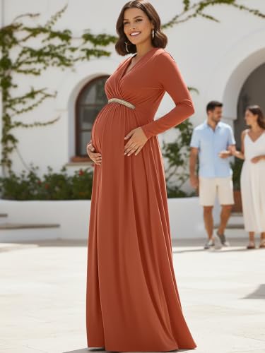 Image of KOH KOH Womens Maternity Long Sleeve V-Neck Flowy Winter Maxi Dress Gown