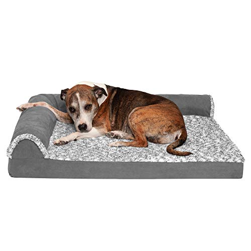 Furhaven Large Orthopedic Dog Bed Two-Tone Faux Fur & Suede L Shaped Chaise w/ Removable Washable Cover - Stone Gray…