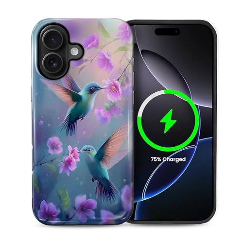 Goodsprout for iPhone 16 Plus Case for MagSafe Non Slip Hard Shell Acrylic and Silicone Soft Shell Combination Phone Style 2-in-1 Hummingbirds Pink Flower Purple Blossom Pattern