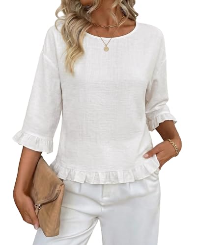 siliteelon Womens 3/4 Sleeve Tops Summer Tshirts Ruffle Flowy Crew Neck Dressy Casual Blouses 2026 Trendy Cute Work Outfits-White L