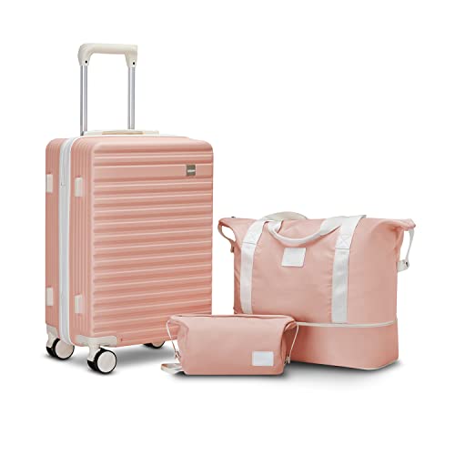 Imiomo Carry On Luggage 20 Inch Airline Approved Hardside 3Pcs Set Lightweight Rolling Travel Luggagewith Tsa Lock， Suitcase With Spinner Wheels (Pink+Beige, Carry-On 20-Inch) #TOP8