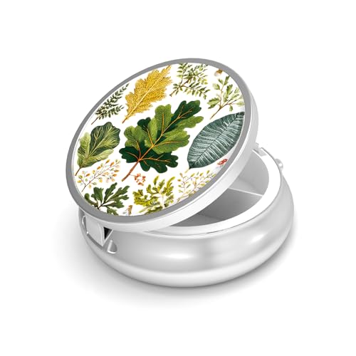 Image of Pill Box-3 Compartment Small Pill Case for Purse & Pocket Mini Metal Pill Holder Travel Pill Container to Hold Supplements Vitamins BPA-Free (Leaves)