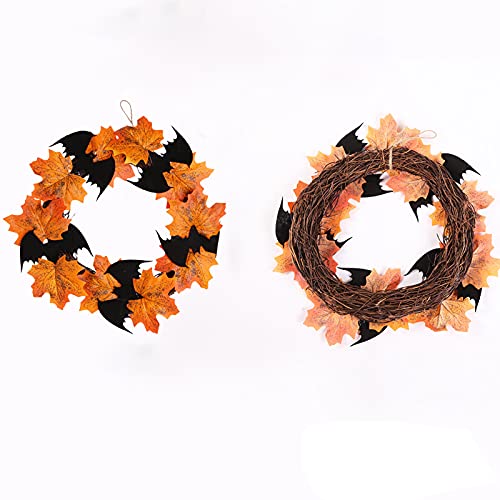 14" Small Fall Leaves & Bats Halloween Wreath for Front Door Home Decor (Orange) - image 6