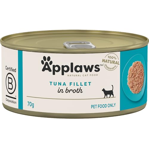 Applaws 100% Natural Wet Cat Food Tuna Fillet in Broth, Limited Ingredients Pet Food 70g Tin (Pack of 24)