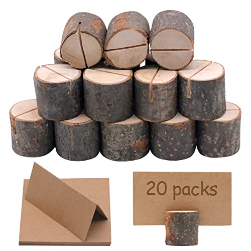 YINENGD 20pcs Soportes Tocón Madera, Porta Tarjetas Madera, para Número de Mesa, Tarjeta de Presentación, Cumpleaños(20 Soportes + 20 Papel Kraft) Cover