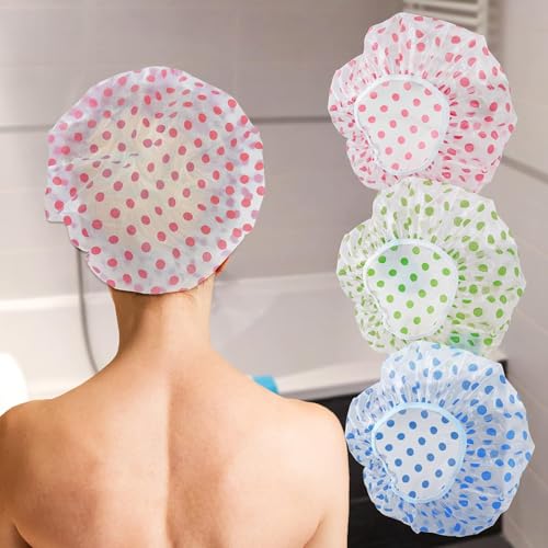 Image of Waterproof Shower Caps, Plastic Shower Cap, Elastic Bath Cap, Reusable Shower Caps, Large Hair Cap for Women, Girls, Spa, Salon Multipurpose Reusable Caps for All Size, Pack of 2