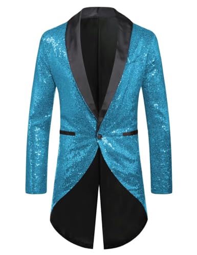 Mens Sequin Tuxedo Tails Slim Fit One Button Tailcoat Dress Coat for Stage Performance Party Prom