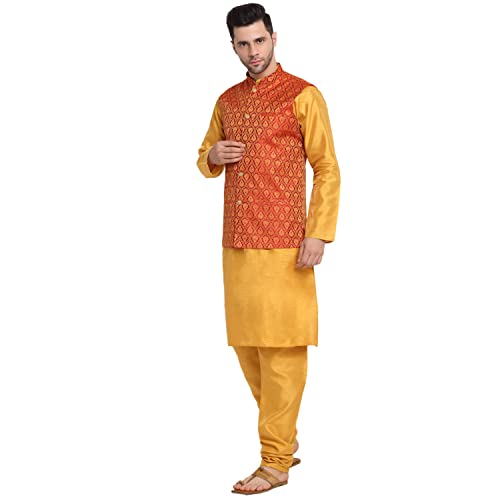 Image of KRAFT INDIA Mens Gold Silk Blend Kurta and Churidar Set With Jacquard Paisley Nehru Jacket