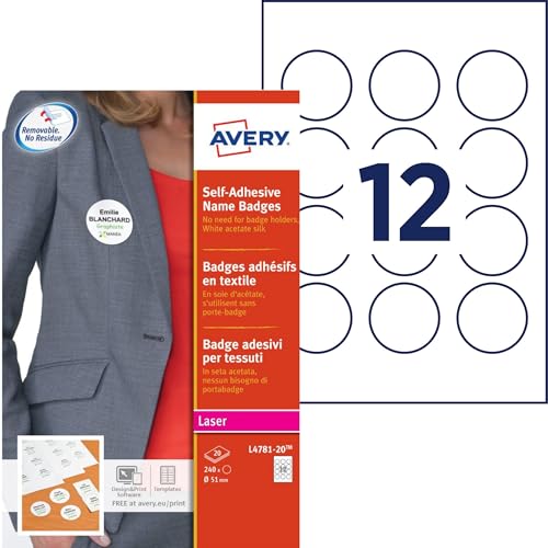 Badges adhésifs ronds Avery L4781-20 en soie d'acétate blanche Ø51 mm pour impression laser
