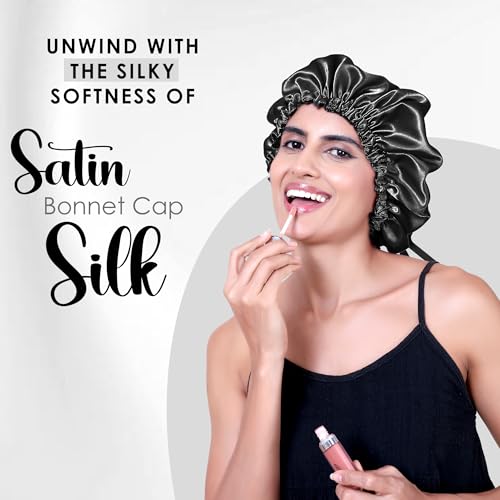 Image of GLUN Hair Protector Bonnet Cap with 3 Scrunchies Combo, Pack of 1 Black Colour, Prevents Hair Breakage, Frizz Control and Moisture Retention, Ideal for Curly & Natural Hair