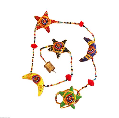Handmade Star and Moon Indian Door Hanging Mobile - 120cm Height, Multicolour Beautiful Home Decor Ornaments for Doors, Walls and Windows, Boho Theme Home Decoration