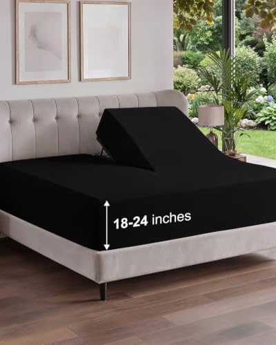 Image of Extra Deep Flex Top Split Head King Fitted Sheet - Hotel Luxury Single Fitted Sheet Only - Easily Fits 18 inch to 24 inch Mattress - Ultra Soft, Wrinkle Free w /Extra Deep Pockets - Black