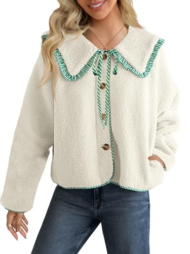 Tankaneo Womens Fuzzy Fleece Jacket Peter Pan Collar Button Down Fall Winter Sherpa Coats Colorblock Cute Warm Outerwear