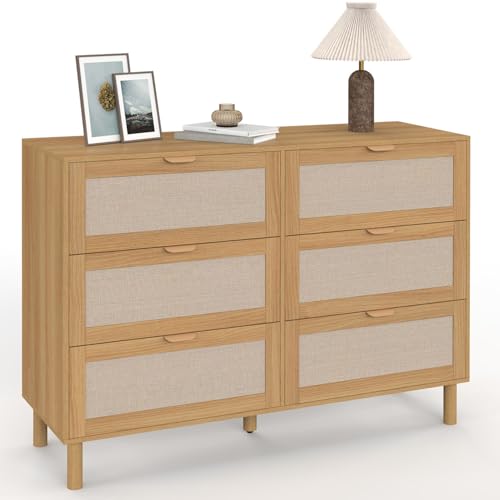 IDMarket - Commode 6 tiroirs Robin 115 cm Meuble de Rangement Bois et Tissu Effet Lin