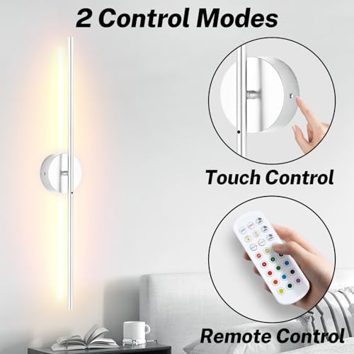 Image of 8000mah Detachable Battery Operated Wall Sconces Set of two, 32 Inch Rechargeable Wall Sconce With Remote & Touch, RGB 15 Colors Dimmable Wireless lamp for Bedroom, Living Room, Hallway Decor, Silver
