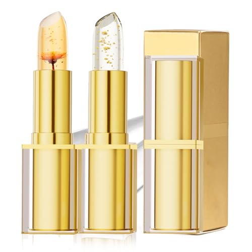 2PCS Transfer Proof Color Changing Lipsticks Magic Temperature Activated Lip Stain PH Adjusting Clear Lipstick with Gold Crystal Lipsticks Long Lasting Moisturizing Lip Stick (Flowers + Gold Foil)